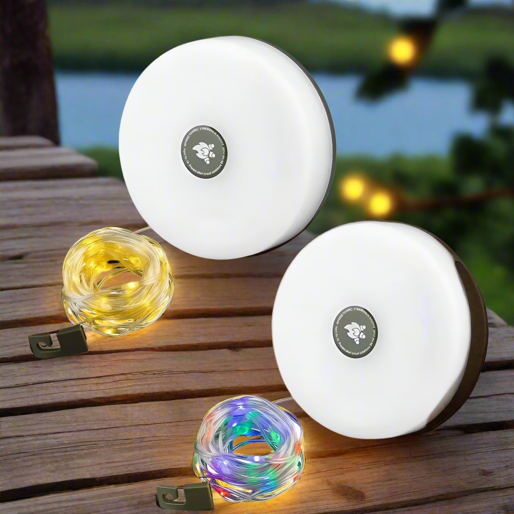 Portable camp lamp with 10m string lights
